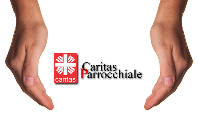 Foto con due mani che racchiudono il logo della caritas parrocchiale